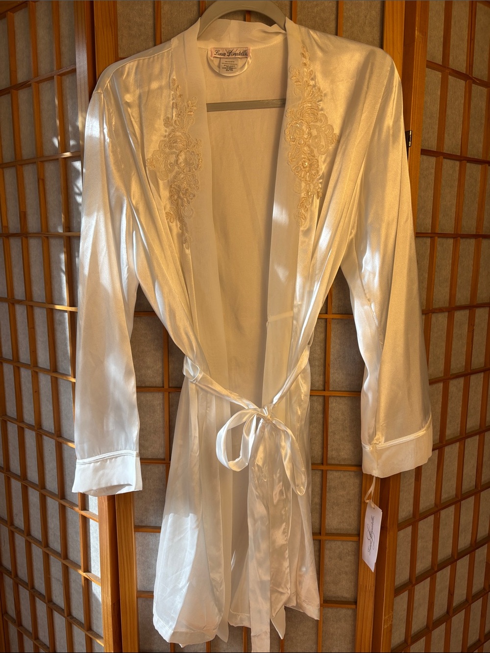 Linea Donatella Ivory Bridal Satin Lace-Trim Robe with Self Tie